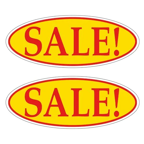 SALE! Red on Yellow Oval Window Sticker for Car Dealerships - 14" x 5-1/2" Size - Premium Weatherproof Vinyl for Long-Lasting Visibility