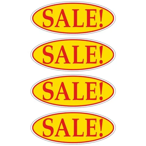 SALE! Red on Yellow Oval Window Sticker for Car Dealerships - 14" x 5-1/2" Size - Premium Weatherproof Vinyl for Long-Lasting Visibility