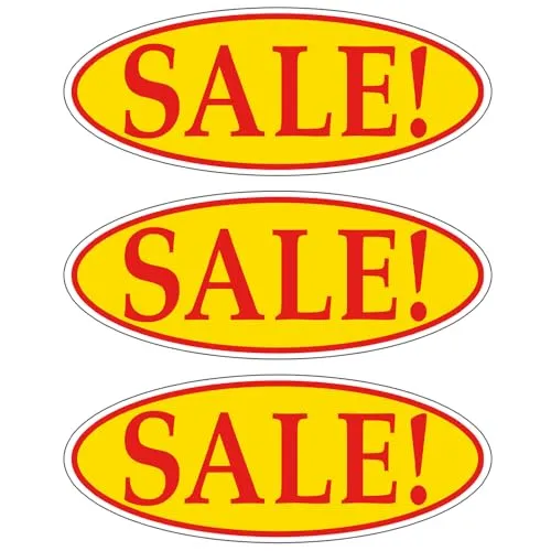 SALE! Red on Yellow Oval Window Sticker for Car Dealerships - 14" x 5-1/2" Size - Premium Weatherproof Vinyl for Long-Lasting Visibility