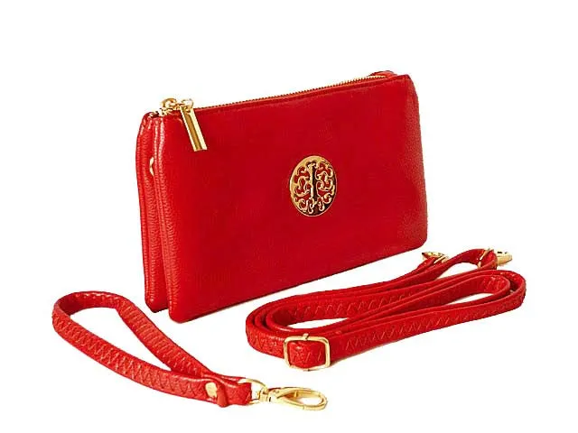 SMALL MULTI-COMPARTMENT CROSS-BODY PURSE BAG WITH WRIST AND LONG STRAPS - RED