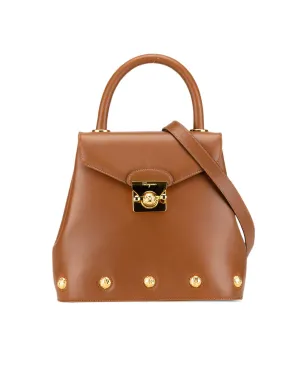 Studded Leather Satchel with Metal Lock Closure