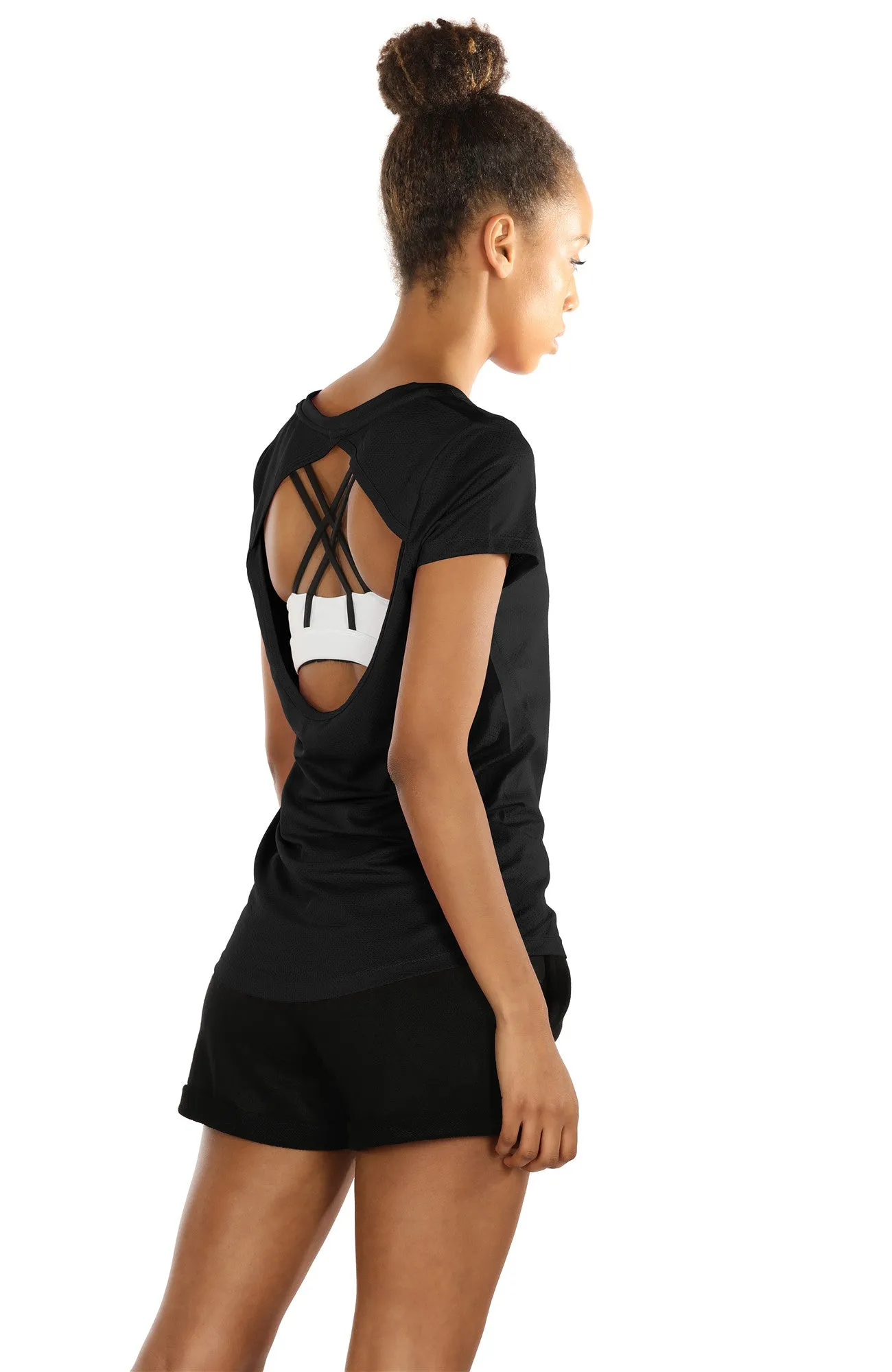 T7 icyzone Activewear Fitness Yoga Tops Workout V Neck Open Back T-Shirts for Women