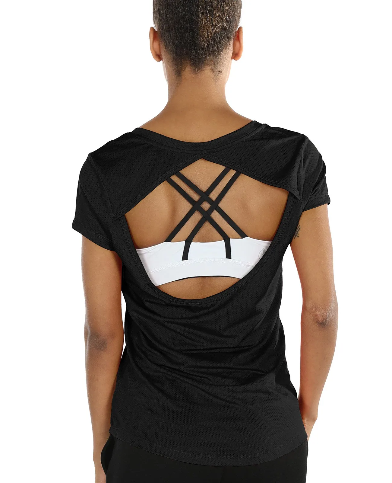 T7 icyzone Activewear Fitness Yoga Tops Workout V Neck Open Back T-Shirts for Women