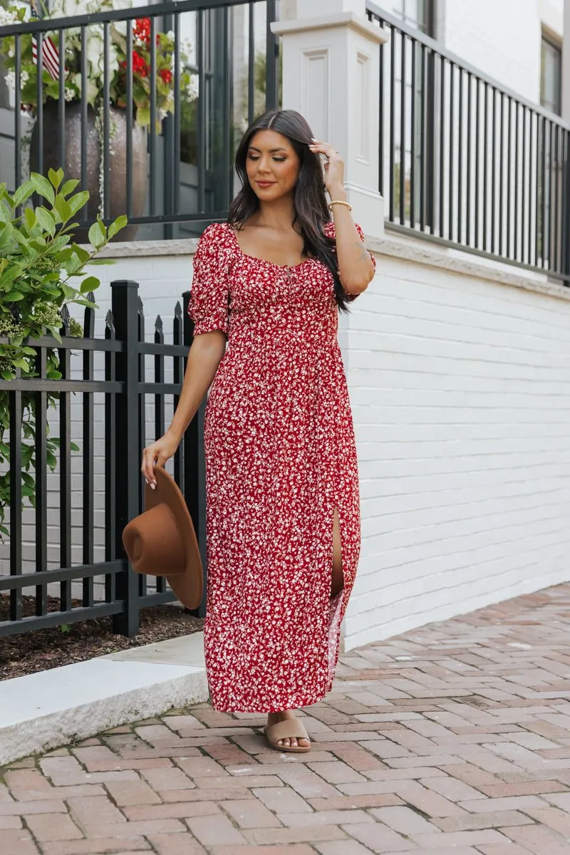 Wine Floral Print Smocked Maxi Dress - FINAL SALE