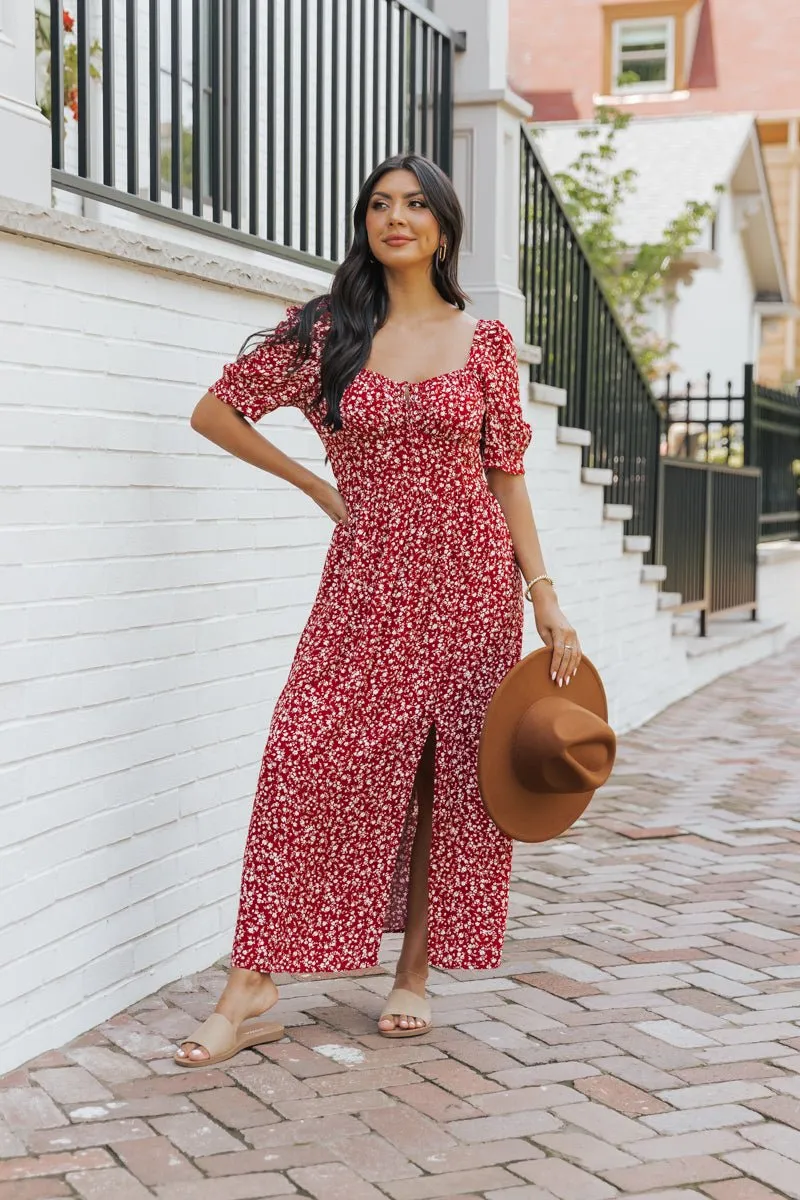 Wine Floral Print Smocked Maxi Dress - FINAL SALE