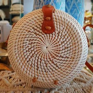 Woven Rattan Globe Shaped Bag With Leather Strap