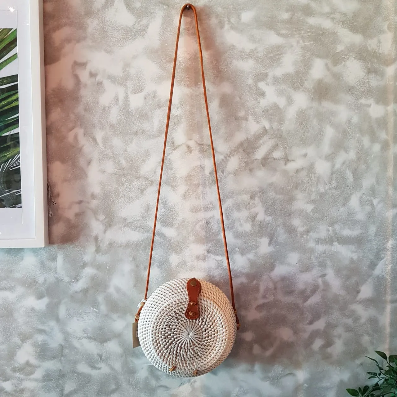 Woven Rattan Globe Shaped Bag With Leather Strap