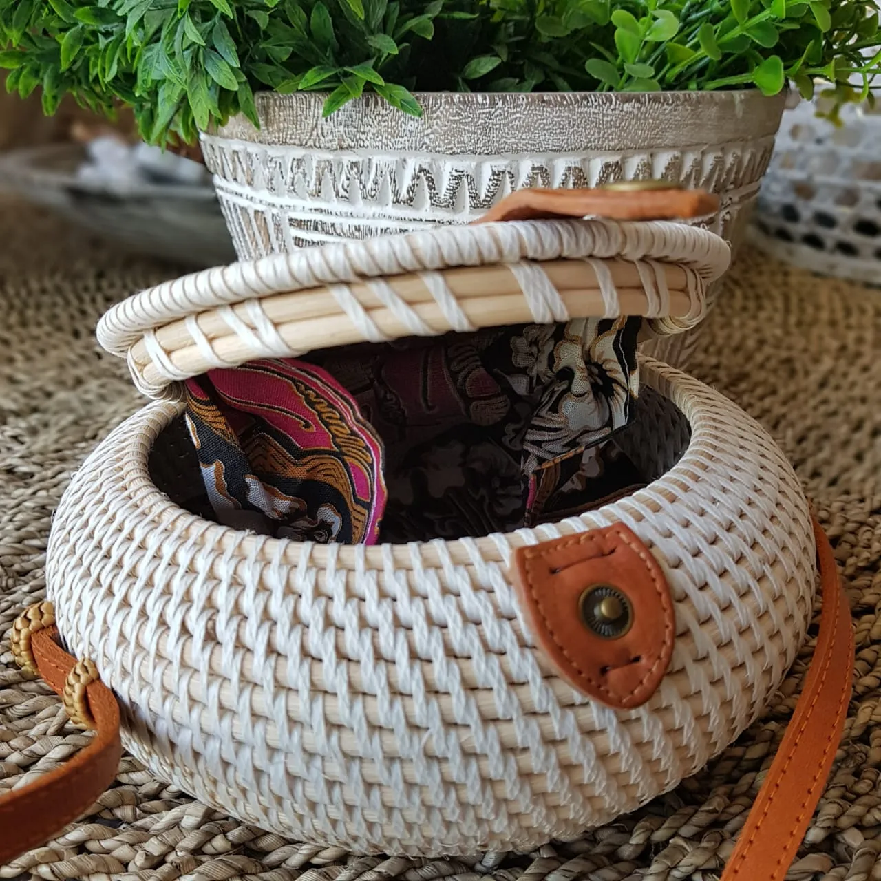 Woven Rattan Globe Shaped Bag With Leather Strap