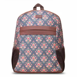 ZOUK Mughal Garden Floral Printed Women's Jute Handcrafted Vegan Leather Dark Blue Classic Backpack