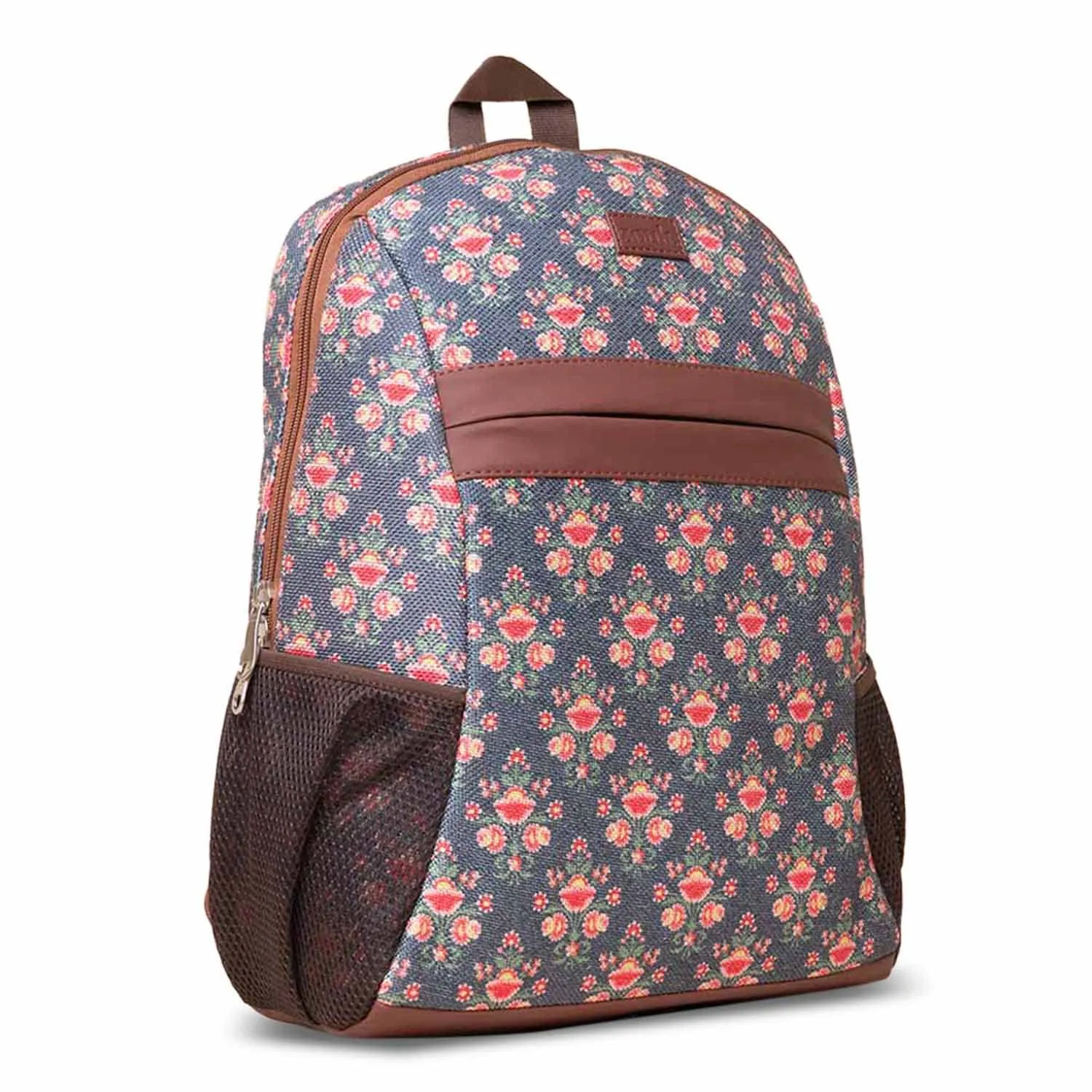 ZOUK Mughal Garden Floral Printed Women's Jute Handcrafted Vegan Leather Dark Blue Classic Backpack