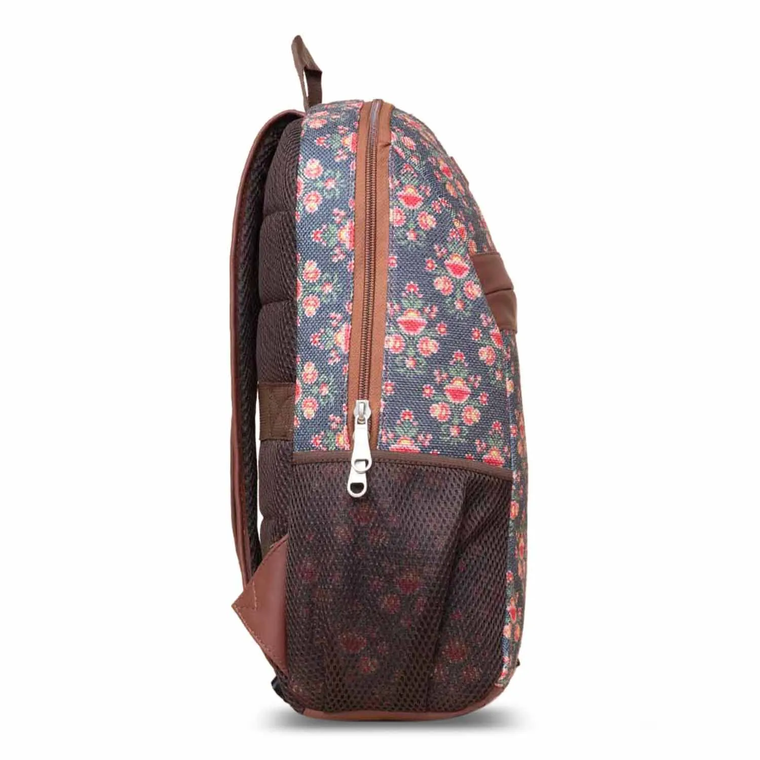 ZOUK Mughal Garden Floral Printed Women's Jute Handcrafted Vegan Leather Dark Blue Classic Backpack